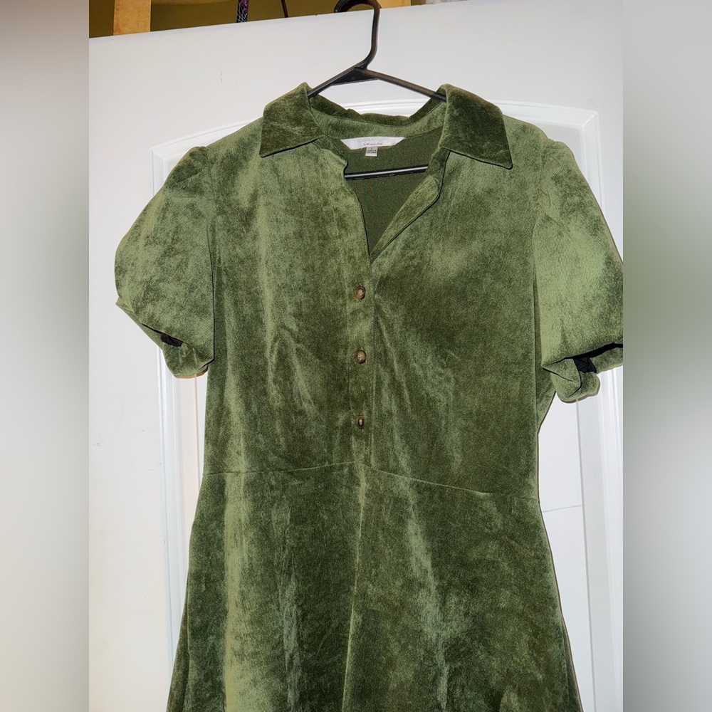 Elegant Olive Green corduroy  dress with belt